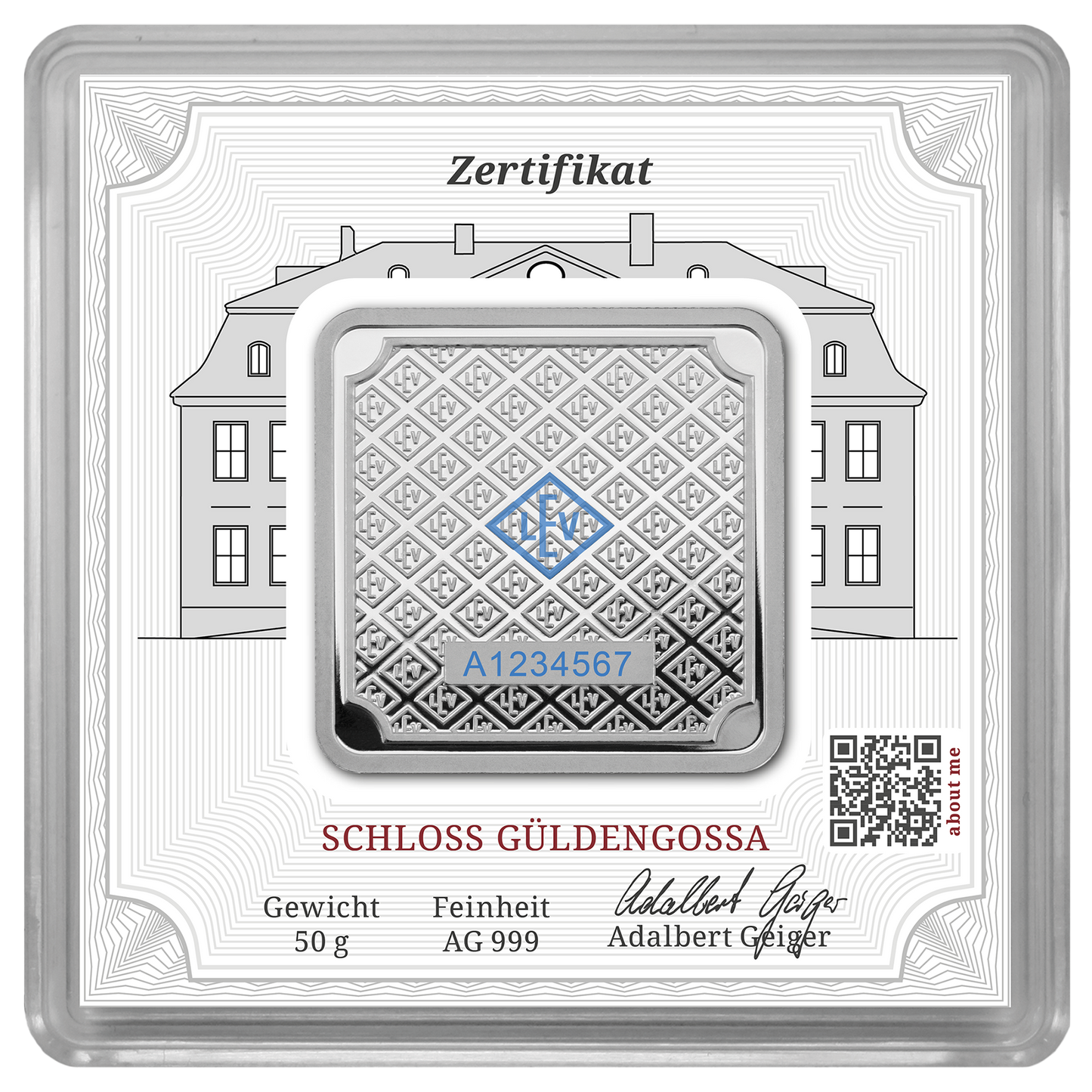 50g Silber Prägebarren Geiger original mit Kapsel