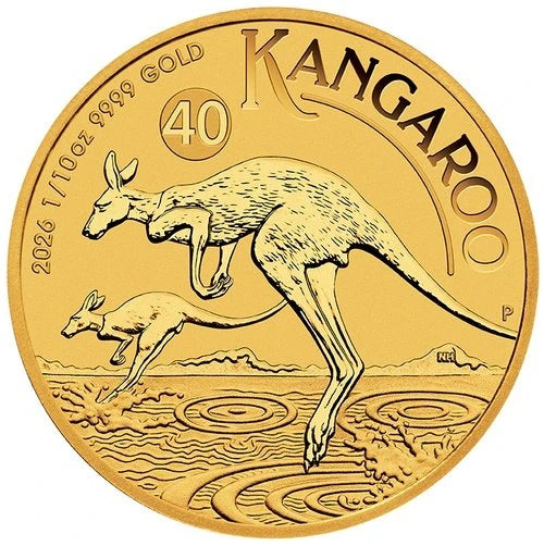 Motivseite 1/10 Unze Gold Australian Kangaroo 2026, Feingehalt 999,9/1000, Perth Mint