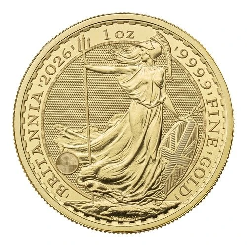 Motivseite 1 Unze Gold Britannia 2026, Feingehalt 999,9/1000, Feingold, Royal Mint