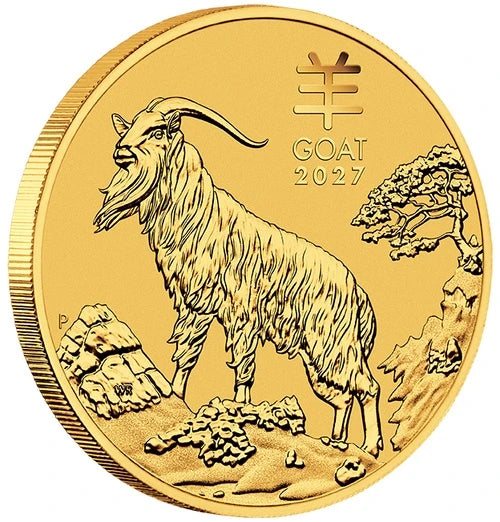 Darstellung Motivseite 1 Unze Gold Lunar III Ziege 2027, Feingehalt 999,9/1000, Perth Mint