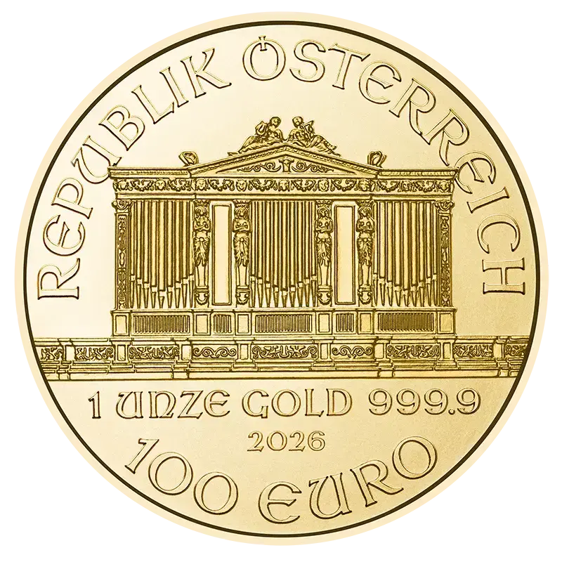 Wertseite 1 Unze Gold Wiener Philharmoniker 2026, Feingold 999,9/1000, Münze Österreich