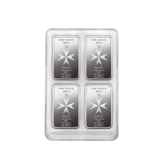 Vorderseite 100 × 1 Gramm Silbermünzbarren Malta CoinBar, Feinsilber