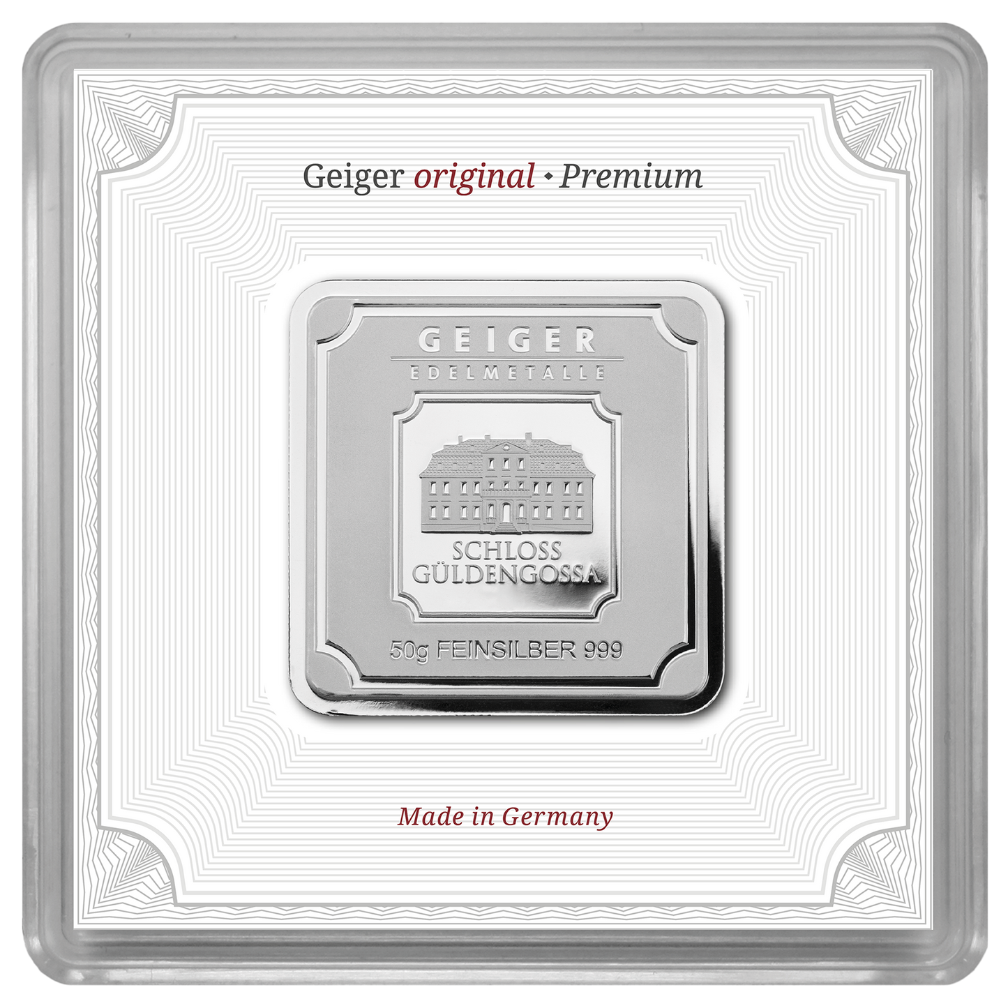 50g Silber Prägebarren Geiger original mit Kapsel