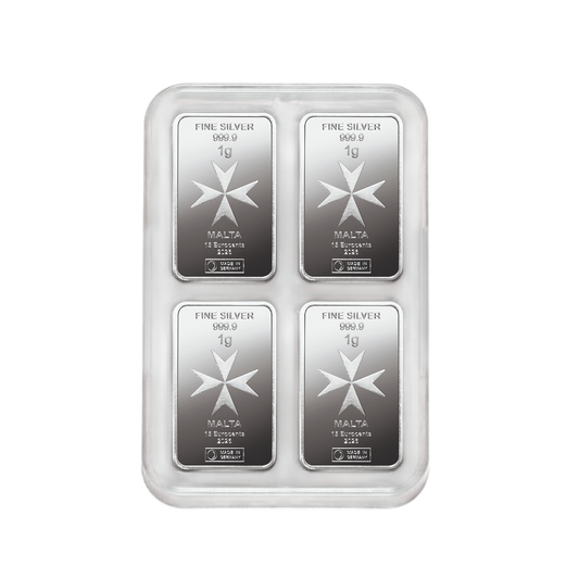 Vorderseite 50 × 1 Gramm Silbermünzbarren Malta CoinBar, Feinsilber