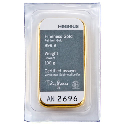 100g Gold Gussbarren Heraeus Goldbarren Heraeus 100 Gramm | Glänzend Vorsorgen
