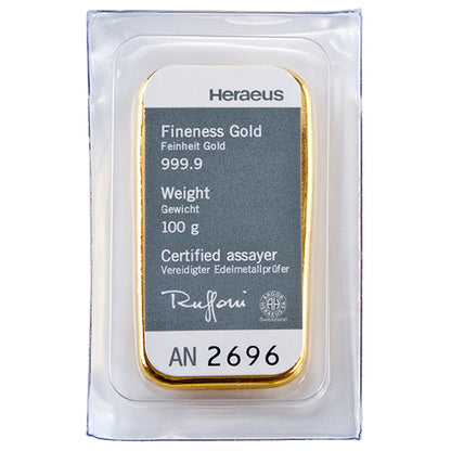 100g Gold Gussbarren Heraeus Goldbarren Heraeus 100 Gramm | Glänzend Vorsorgen