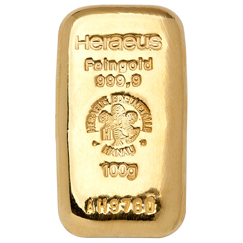 100g Gold Gussbarren Heraeus Goldbarren Heraeus 100 Gramm | Glänzend Vorsorgen