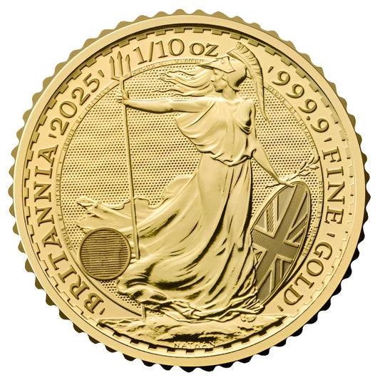 Motivseite 1/10 Unze Gold Britannia 2025, Feingehalt 999,9/1000, Feingold, Royal Mint