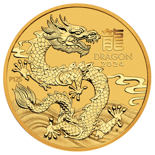 Motivseite 2 Unzen Gold Lunar Serie III Drache 2024, Feingehalt 999,9/1000, Perth Mint
