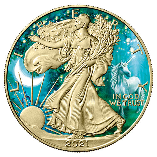 Motivseite 1 Unze Silber Eagle Das Einhorn 2021, Feingehalt 999,9/1000, Art Color Collection