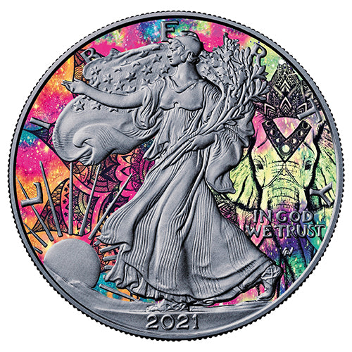 Motivseite 1 Unze Silber Eagle Der Elefant 2021, Feingehalt 999,9/1000, Art Color Collection