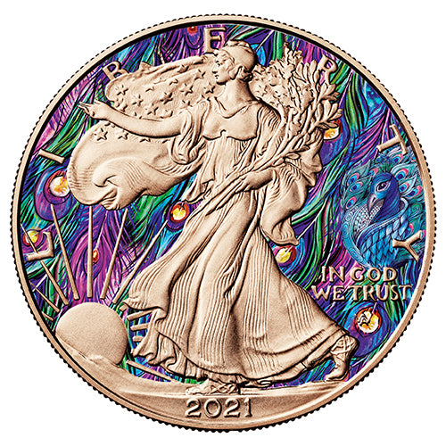 Motivseite 1 Unze Silber Eagle Der Pfau 2021,, Feingehalt 999,9/1000, Art Color Collection